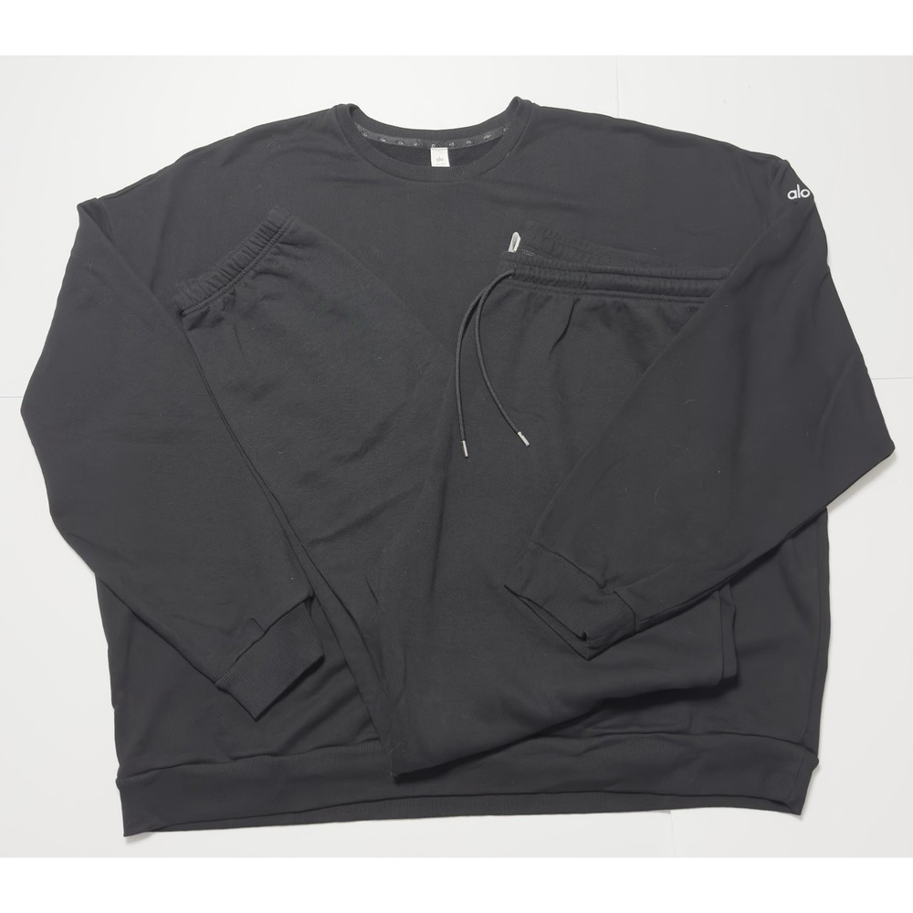 Alo Yoga Mens Chill Sweatshirt + Pants Set Size 2XL Oversized Fleece Black Relax